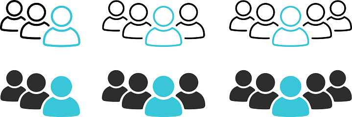 Set of people group flat and linear icons as customers, clients and employees symbol