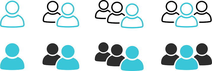 Set of flat and linear icons of people group as customers, users, employees or members symbol
