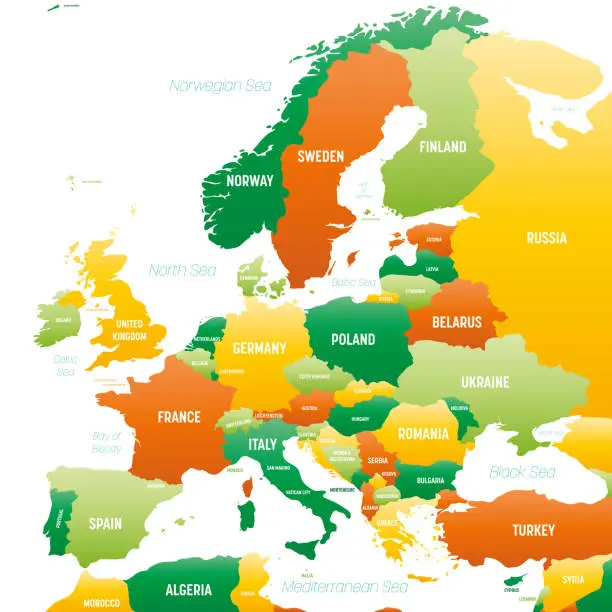 Vector illustration of Europe map detailed political map with lables