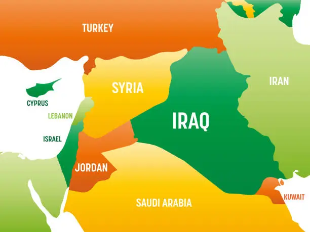 Vector illustration of Middle East detailed political map with lables