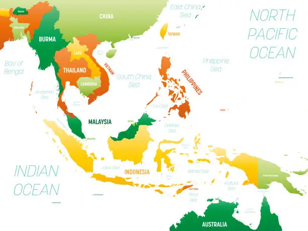 Vector illustration of Southeast Asia detailed political map with lables