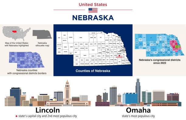 карта округов небраски и избирательные округа для выборов в конгресс с 2023 года. линкольн (столица штата) и омаха (самый густонаселенный горо - nebraska omaha nebraska map lincoln nebraska stock illustrations
