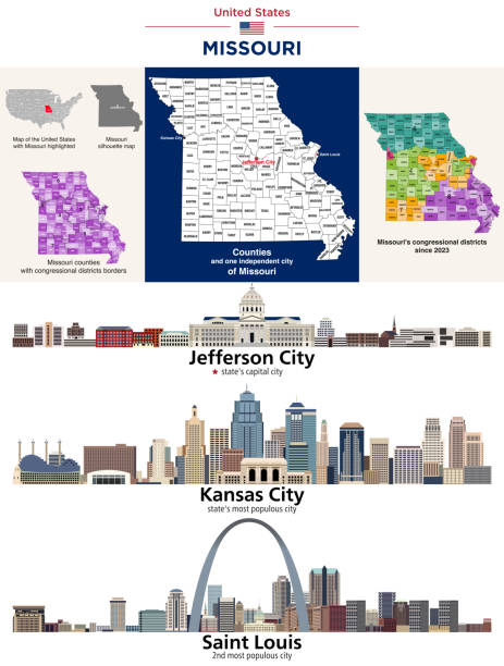Missouri counties map and congressional districts since 2023 map. Jefferson City (state's capital city), Kansas City and St. Louis(state's most populous cities) skylines. Vector set All elements were drawn in a vector graphics editor and design program. Elements and layers are well organized, separable, detachable and easy to use and edit. Map data is in the public domain, available from the United States Census Bureau via census.gov st louis skyline stock illustrations