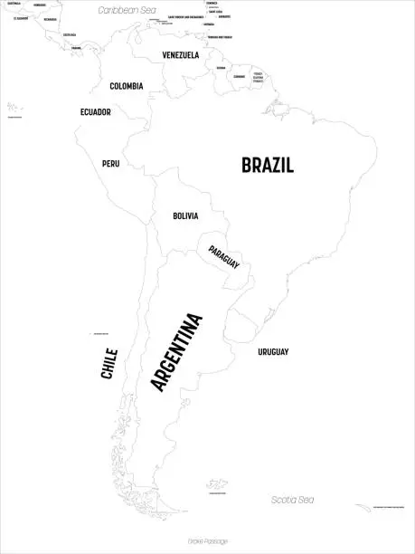 Vector illustration of South America map. High detailed political map South American continent with country, capital, ocean and sea names labeling