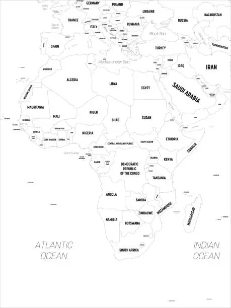 Vector illustration of Africa map. High detailed political map of african continent with country, capital, ocean and sea names labeling