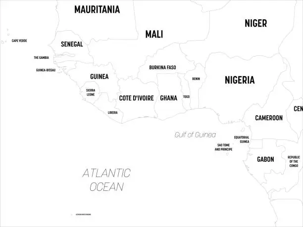 Vector illustration of Western Africa map. High detailed political map of western african and Bay of Guinea region with country, capital, ocean and sea names labeling