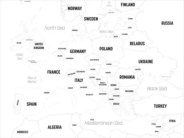 Vector illustration of Europe map. High detailed political map of european continent with country, capital, ocean and sea names labeling