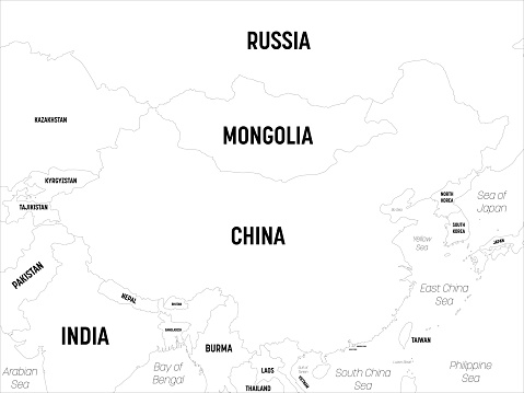 China map. High detailed political map of China and neighboring countries with country, capital, ocean and sea names labeling.