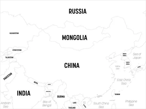 Vector illustration of China map. High detailed political map of China and neighboring countries with country, capital, ocean and sea names labeling