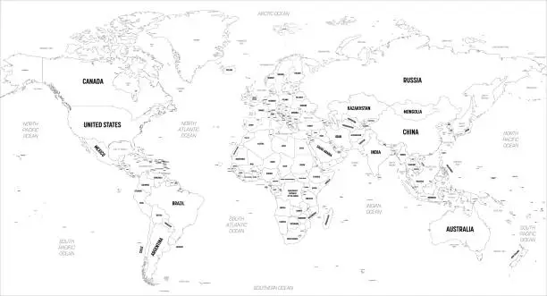 Vector illustration of World map. High detailed political map of World with country, capital, ocean and sea names labeling