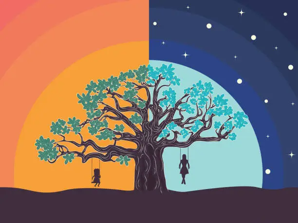 Vector illustration of Big tree and girl on swing silhouette