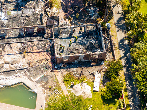 Parkland, FL, USA - April 5, 2024: Aerial photo of aftermath of 5400 Godfrey Road home burned down from fire