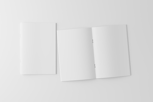 white magazine or brochure mockup set in a clean white background.