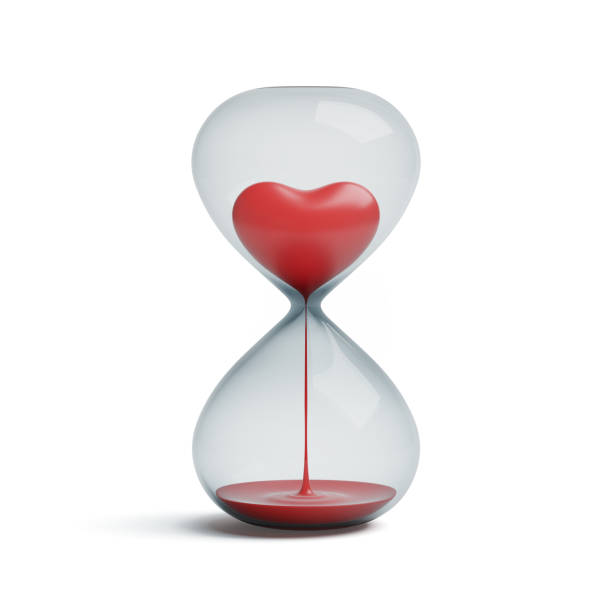 istock Hourglass with 3d heart red symbol melt and flow down on white background. Time for love is running out, broken heart, divorce, life, end of relationship. object with clipping path. 3D Illustration. 2143246467