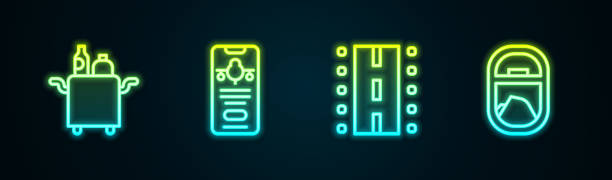 istock Set line Trolley for food, Mobile with ticket, Airport runway and Airplane window. Glowing neon icon. Vector 2143248561