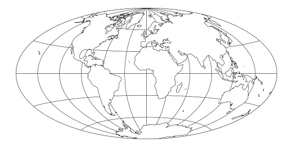 Simplified Map of World with latitude and longitude grid. Aitoff projection. White land with black stroke. Vector illustration.