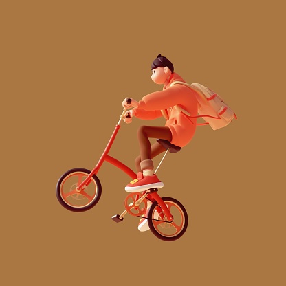 Young tall cute excited funny smiling casual asian active guy wears fashion clothes red hoodie, brown jeans, sneakers, yellow backpack rides bicycle up floats in air have fun, rejoice, joy. 3d render.