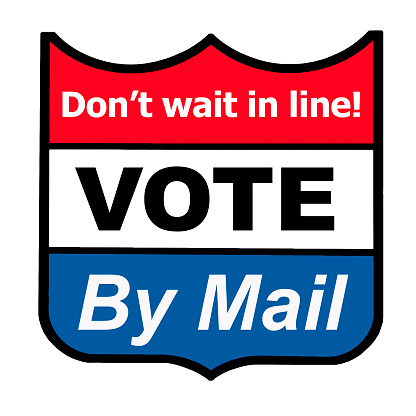 Red, white, and blue emblem promotes a voting by mail benefit.