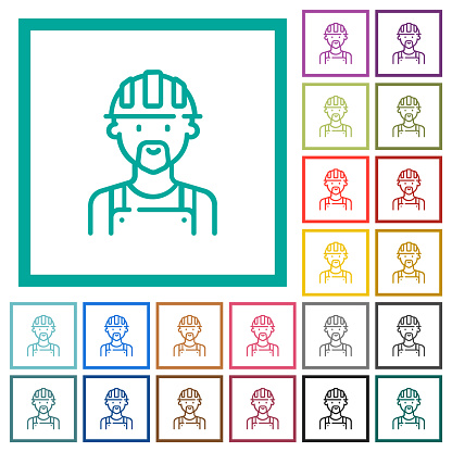 Worker avatar outline flat color icons with quadrant frames on white background
