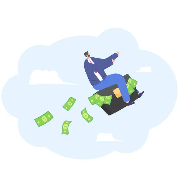 Vector illustration of Happy businessman or manager goes up sitting on a briefcase which is full of money. Business concept, profit, growth. Vector, illustration, flat