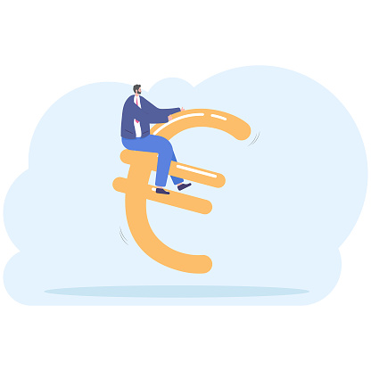 Businessman or manager and euro. A man in a suit and with a briefcase in hand rides the euro. Illustration, vector EPS10.