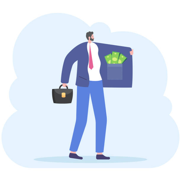 ilustraciones, imágenes clip art, dibujos animados e iconos de stock de business man opens his cloak to show t-shirt with text super businessman on his chest and pockets full of money. business success - change superhero necktie strength