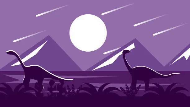 Vector illustration of Dinosaurs in Prehistoric Jurassic Park Flat Night Landscape