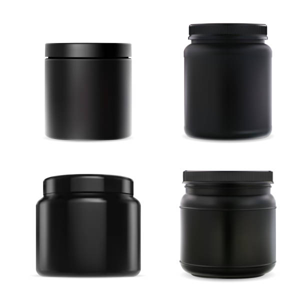 Black plastic sport supplement bottle set mockup Black plastic sport supplement bottle set mockup. Whey protein powder jar, muscle bodybuilding nutrition. Pill capsule cylinder can for sport workout. Cream or wax packaging design protein powder bottle stock illustrations