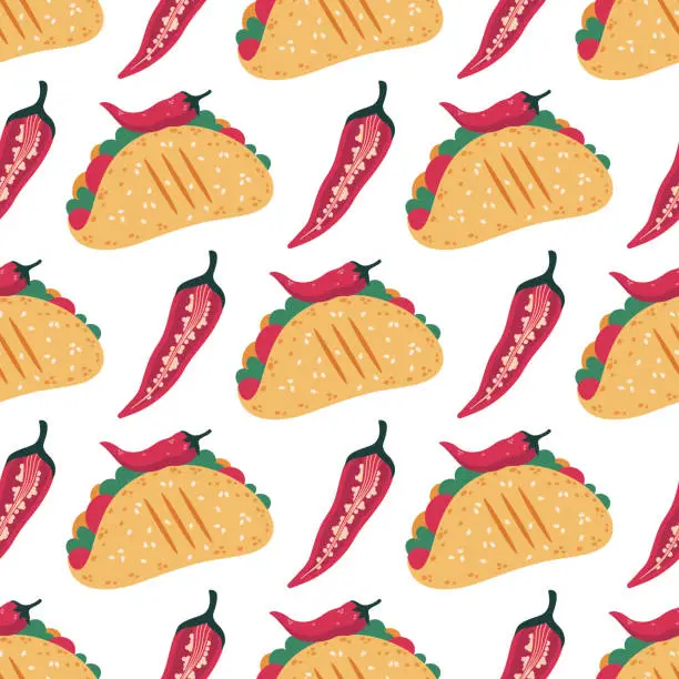 Vector illustration of Taco and jalapeno pepper, seamless vector pattern. Hot snack with corn tortilla, grilled meat, salad, tomatoes. Half a spicy vegetable. Tasty fast food, traditional Mexican cuisine. Cartoon background