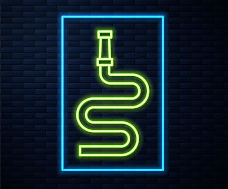 Glowing neon line Fire hose reel icon isolated on brick wall background. Vector.
