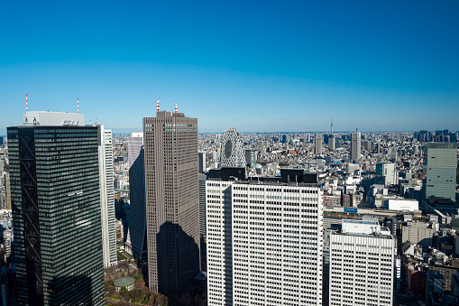 Aerial view of Skyline of metropolis City of Tokyo seen from tower of city hall with blue sky background. Photo taken January 27th, 2024, Tokyo, Japan.
