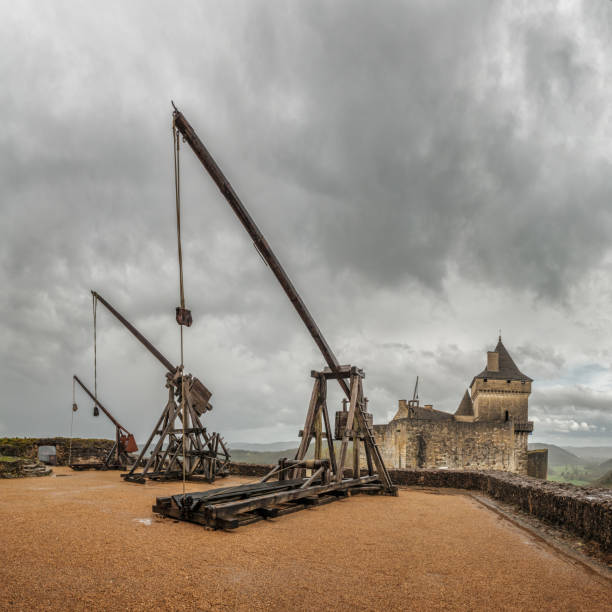 Castelnaud-la-Chapelle, Nouvelle-Aquitaine, France - 3rd April 2024: Siege weapons used in the middle ages have been re-constructed at Chateau de Castelnaud-la-Chapelle in the Dordogne region of France