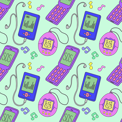 Seamless pattern featuring tamagotchi, mobile phone, player and other items in the colorful style of the 80s and 90s. Commercial vector illustration.