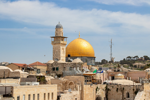 Exterior view of the Dome of the Rock or Al Qubbat as-Sakhrah. View of Al-Aqsa Mosque and Silsilah Minaret in muslim quarter of Jerusalem city