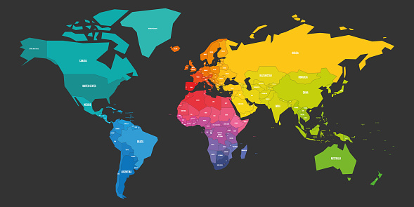 Colorful World Map in colors of rainbow spectrum. Each sovereign country in different color. Simple flat vector map with country name labels.