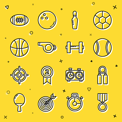 Set line Medal Sport expander Tennis ball Bowling pin Whistle Basketball American Football and Dumbbell icon. Vector.