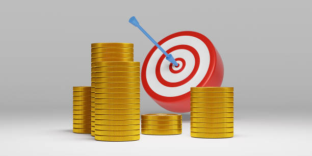 istock Abstract finance successful concept. Target, coins, and growth chart on white background. 3d render. 2143349479
