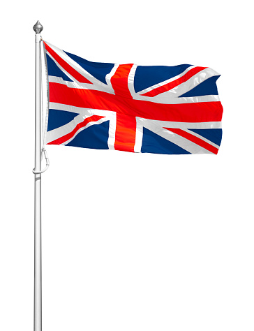 British Union Jack flag isolated on white background. The flag is the national flag of the UK (United Kingdom) and Canada, where it is called the Royal Union Flag. The UK comprises of England, Scotland, Wales & Northern Ireland.