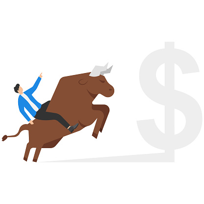 Riding on the back of an bull. Business stock market concept. Flat cartoon vector illustration style