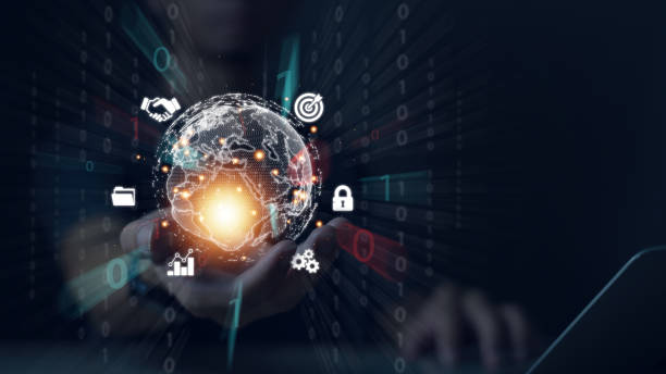 istock Man holding the world virtual internet connection around the world Global Internet connection application technology of business and digital marketing digital link technology big data 2143362582