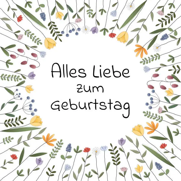 Vector illustration of Alles Liebe zum Geburtstag - text in German language - Happy Birthday. Square greeting card with a frame of colorful flowers.