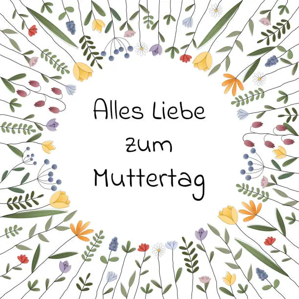 Vector illustration of Alles Liebe zum Muttertag - text in German language - Happy Mother’s Day. Square greeting card with a frame of colorful flowers.