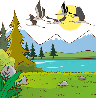 Illustration of migratory birds flying in cartoon style.vector illustration of migratory birds in the sky in nature landscape.