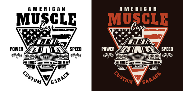 Muscle car vector emblem, label, badge or print in two styles colored and black on white background