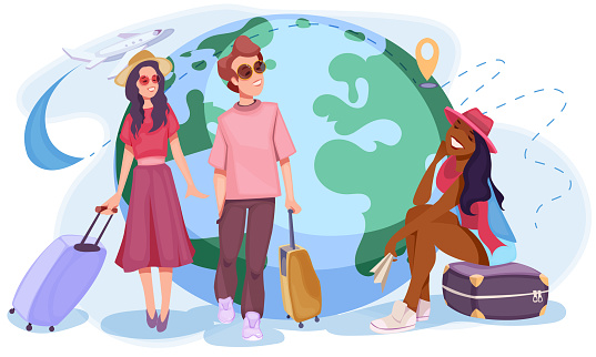 Group Of Travelers. Men and women with luggage or suitcases around Earth globe. Tourism and c. Poster for ad Tour Operators and Agencies. Cartoon flat vector illustration isolated on background
