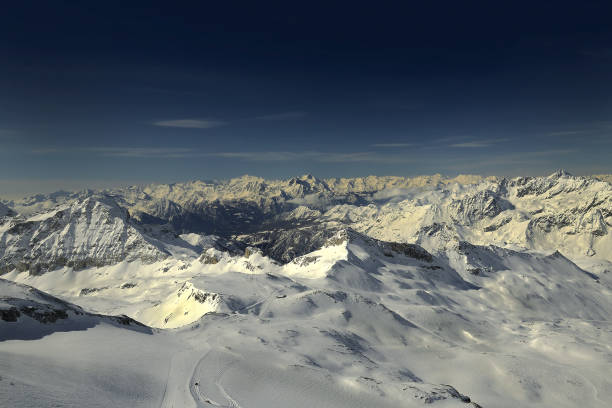 Breuil-Cervinia ski. Mountain skiing - panoramic view near Plateau Rose at the ski slopes and Cervinia, Italy, Valle d'Aosta, Breuil-Cervinia, Aosta Valley