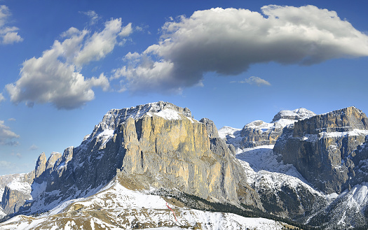 Panorama mountain Sella group from southwest (Gruppo del Sella), Dolomiti mountain - South Tyrol, Italy, Europe. The Dolomites are UNESCO World Heritage Site