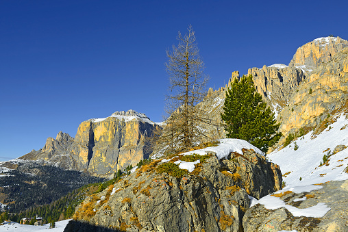 Mountain Sella group from south (Gruppo del Sella), Dolomiti mountain - South Tyrol, Italy, Europe. The Dolomites are UNESCO World Heritage Site
