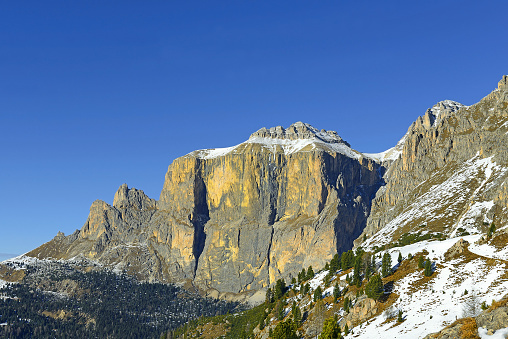 Panorama mountain Sella group from southwest (Gruppo del Sella), Dolomiti mountain - South Tyrol, Italy, Europe. The Dolomites are UNESCO World Heritage Site