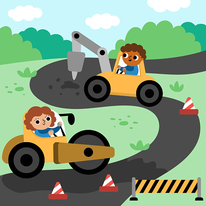 Vector road work landscape illustration. Scene with kid drivers in roller car and digger building or repairing track. Cute repair service or construction site square background with funny vehicles